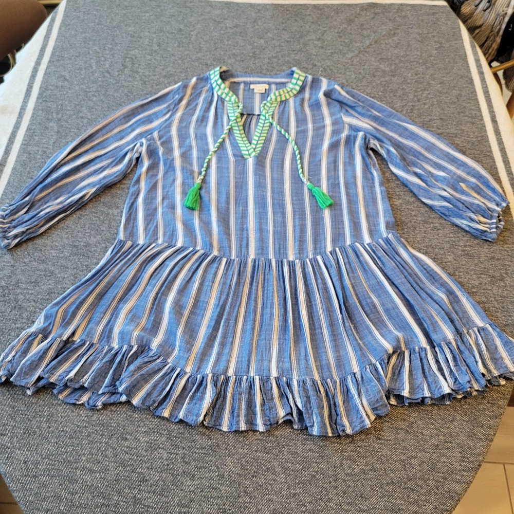 Shoshanna Blue White Striped Tassel Tunic Dress Green Embroidery Size‎ L 5272197